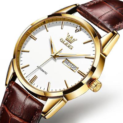 OLEVS Men Mechanical Watch Calendar Waterproof Noctilucent Day Date Genuine Leather Watch