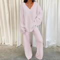 Women's Fleece Lounge Sets 2 Pieces Solid Color Fluffy Fuzzy Warm Pajama V Neck Long Sleeve for Fall Winter White S 3XL