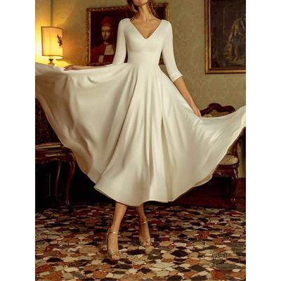 Reception Vintage 1940s / 1950s Little White Dress Bridal Shower Dresses Wedding Dresses A-Line V Neck 3/4 Length Sleeve Tea Length Satin Bridal Gowns With Pleats / 2025