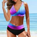 Women's Bikini 2 Piece Swimsuit Plus Size Swimwear Gradient Black White Blue Ombre Color Stripe Printing Backless Sexy V Wire Vacation Beachwear Bathing Suits