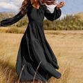 Women's Swing Dress Long Dress Maxi Dress Dark Green Brown Black Long Sleeve Pure Color Ruched Pleated Patchwork Fall Spring V Neck Boho Casual Fall Dress Lantern Sleeve Loose Fit M L XL XXL XXXL 4XL