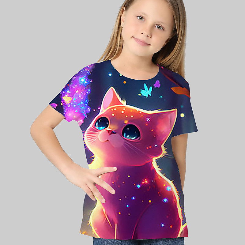 Kids Girls' T shirt Graphic Outdoor 3D Print Short Sleeve Crewneck Active 7-13 Years Summer Silver Black White