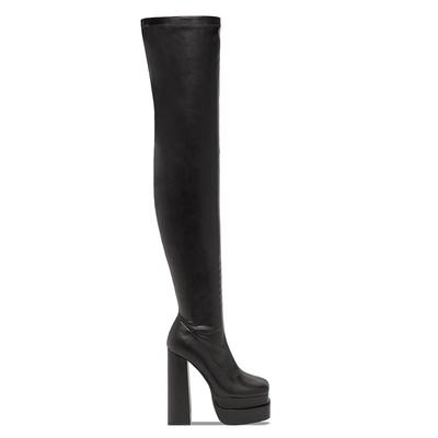 Women's Over-the-Knee Platform Boots – Black and White Stretch Faux Leather High Heel Boots for Fashion Events and Parties