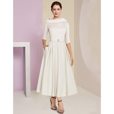 Beach Wedding A-Line Mother of the Bride Dress Wedding Guest Elegant Vintage Jewel Neck Tea Length Charmeuse Half Sleeve with Pleats Crystals 2025 free custom size