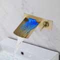 LED Bathroom Sink Mixer Faucet Waterfall Spout 3 Color Water Temperature, Basin Vessel Taps Brass Wall Mounted Single Handle Two Hole Bath Taps With Cold and Hot Hose