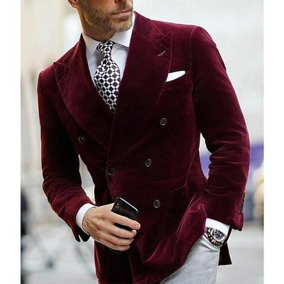 Men's Velvet Blazer Preppy Blazer Jacket Evening Party Blazer for Wedding Groomsmen Banquet Dinner Peaked Lapel Slim Fit Double Breasted Six-buttons Solid Colored Black Burgundy Blue Green