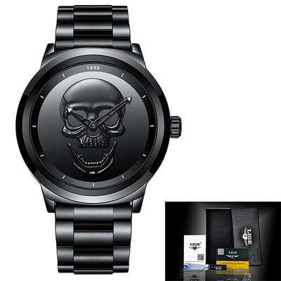 LIGE Mens Quartz Watch 3D Skull Waterproof Stainless Steel Sports Analog Quartz Watch Men Halloween Decoration Wrist Watch with Gift Box Father's Day Gifts