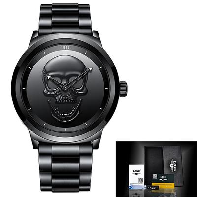 LIGE Mens Quartz Watch 3D Skull Waterproof Stainless Steel Sports Analog Quartz Watch Men Halloween Decoration Wrist Watch with Gift Box