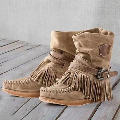 Women's Fringe Suede Moccasin Boots with Buckle Detail - Casual and Comfortable Western Style Ankle Boots