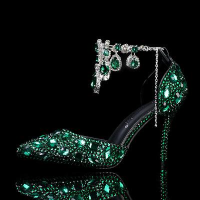 Women's Crystal Rhinestone Prom Shoes with Purple Gemstone Embellishments and Ankle Jewelry Chain - Elegant Stiletto Heels for Parties