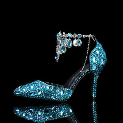 Women's Crystal Rhinestone Prom Shoes with Purple Gemstone Embellishments and Ankle Jewelry Chain - Elegant Stiletto Heels for Parties