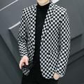Men's Checked Casual Blazer Jacket Regular Standard Fit Geometry Single Breasted One-button Black White 2024