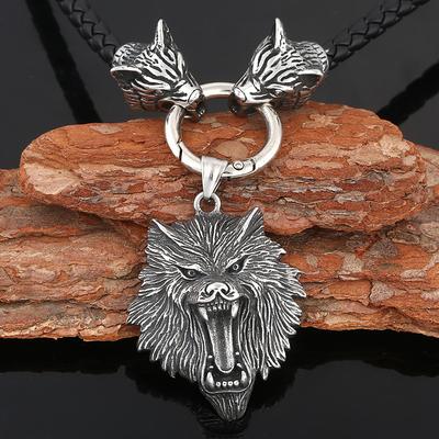 Men's Viking Odin Wolf Head Pendant Necklace Medieval Retro Vintage Stylish Jewelry Accessory