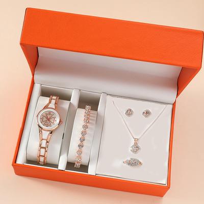 5 pcs/set Watch Set for Women - Shinny Rhinestone Fashion Starry Sky Digital Dial Quartz Watch Rings Necklace Earrings Jewelry Set Valentines Day Mother's Day Gifts