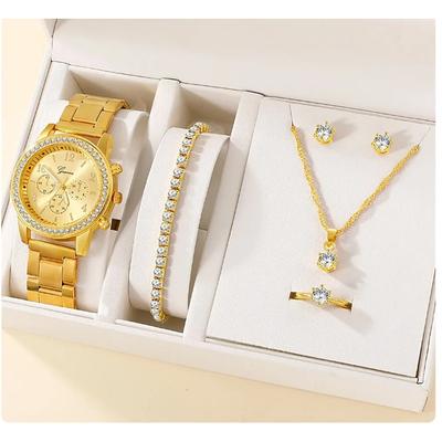 5 pcs/set Watch Set for Women - Shinny Rhinestone Fashion Starry Sky Digital Dial Quartz Watch Rings Necklace Earrings Jewelry Set Valentines Day Mother's Day Gifts