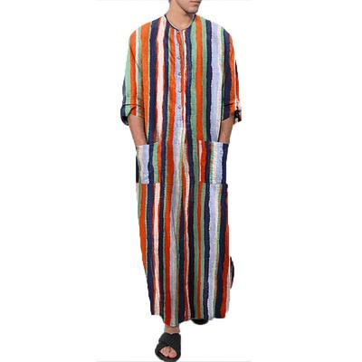 Men's Plus Size Pajamas Robes Gown Nightgown Sleepwear 1PC Stripes Muslim Daily Cotton Blend Comfort Breathable Pocket Spring Fall Photo Color Blue