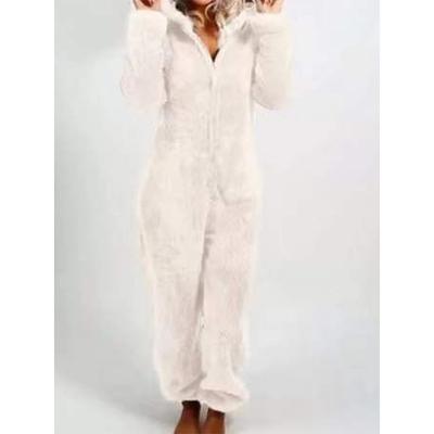 Women's Onesie Pajama Plush Fleece Bear Ear Hoodie Red Full-Length Winter Warmth Cozy Loungewear Zippered Sleepwear Casual Home Home Outfits