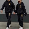 Couple's Hoodie Tracksuit Pants Sets Letter Valentine's Day Casual Date Drawstring Print Dark Gray Long Sleeve Active Sports Hooded Spring Fall