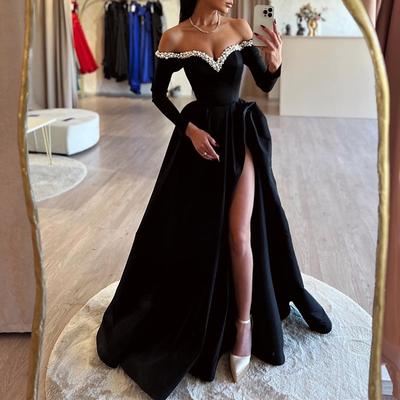 A-Line Evening Gown Black Dress Dress Formal Masquerade Sweep / Brush Train Long Sleeve Off Shoulder Satin with Pearls Slit 2025