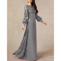 A-Line Mother of the Bride Dress Formal Wedding Guest Elegant Jewel Neck Floor Length Chiffon Sequined Long Sleeve with Sequin 2024
