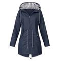 Women's Raincoat Waterproof Hooded Trench Coat Lined Windbreaker Outdoor Hiking Jacket Drawstring Plain Fashion Outerwear Long Sleeve Fall Navy S