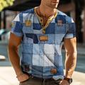 Plaid Faux Patchwork Pattern Men's Casual 3D Print T shirt Tee Henley Shirt Waffle T Shirt Sports Outdoor Casual Daily T shirt Light Blue Blue Sky Blue Short Sleeve Henley Shirt Spring Summer