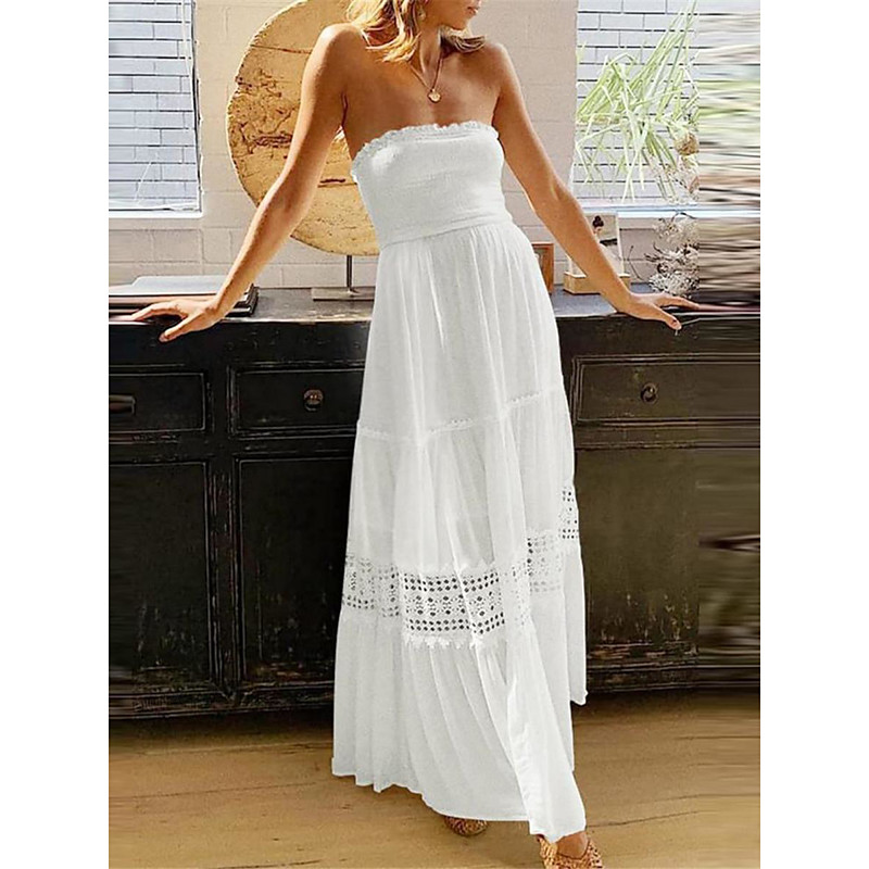 Women's Long Dress Maxi Dress White Dress Casual Dress White Lace Wedding Dress Boho Dress Elegant Streetwear Maxi Street Date Loose Fit Plain Sleeveless Strapless Black White Yellow Mint Green Summer