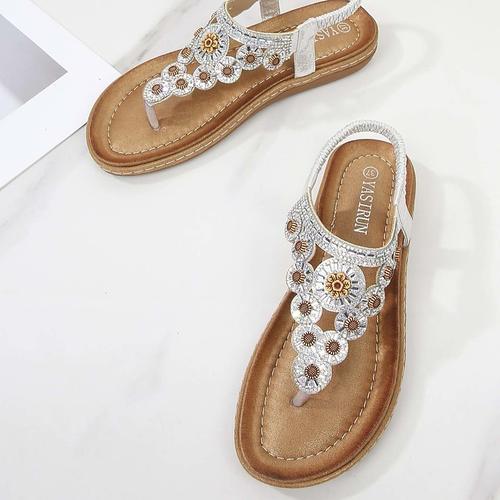 Women's Gold Rhinestone T-Strap Sandals with Floral Accents and Cushioned Sole, Sparkly Boho Flat Sandals for Summer Beach, Travel, and Casual Wear