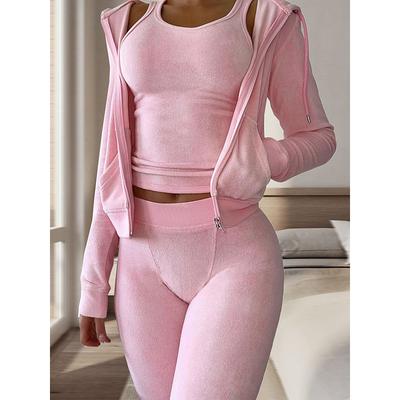 Women's Pajamas Sets 3 Pieces Pure Color Warm Fashion Plush Home Daily Bed Flannel Warm Breathable Hoodie Long Sleeve Hoodie Pant Fall Winter Home Outfits