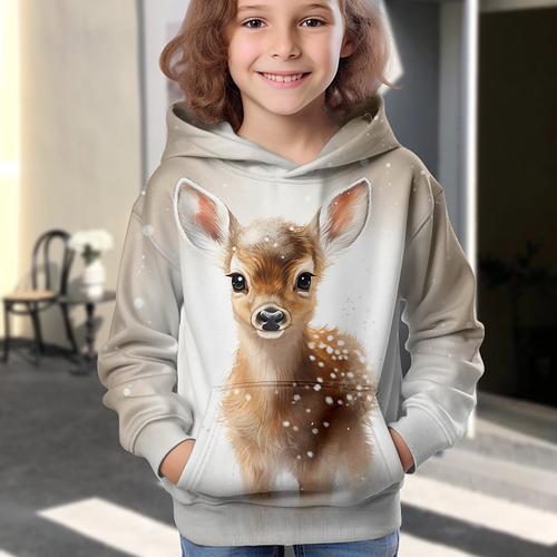 Girls' 3D Animal Cartoon Deer Christmas Hoodie Hoodie Pullover Long Sleeve 3D Print Fall Winter Active Fashion Cute Kids 3-12 Years Outdoor Casual Daily Regular Fit