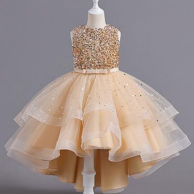 Flower Girl Dress Girls' Dress Party Dress Performance Wedding Special Occasion Elegant Princess Sequins Mesh Sequin Sleeveless Crew Neck White Red 3-13 Years