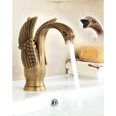 Vintage Bathroom Sink Mixer Faucet Brass Swan Shap, Monobloc Washroom Basin Taps Single Handle One Hole Deck Mounted, Mono Water Vessel Tap Hot and Cold Hose Antique Retro