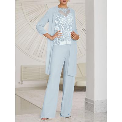 Jumpsuit / Pantsuit 3 Piece Mother of the Bride Wedding Guest Elegant Illusion Neck Floor Length Chiffon Lace Long Sleeve with Ruching Solid Color 2025 free custom size