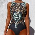 Women's Swimwear One Piece Monokini Bathing Suits Normal Swimsuit Tummy Control Slim Floral Black Beige Scoop Neck Bathing Suits Sports Active Casual / Sexy / New / Padded Bras