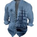 Sailboat In The Water Mens Graphic Shirt Prints Vintage Stand Collar Blue Green Black Khaki Outdoor Street Long Sleeve Clothing Ship Casual Yellow Cotton Blue-Green