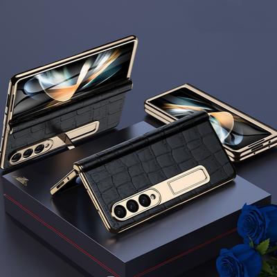 Leather Phone Case for Samsung Galaxy Z Fold 5 4 3 Fold4 Fold5 Gold Plating Magnetic Hinge Stand Back Cover with Mirror Film