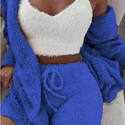 Warm Fuzzy Pajama Set 3PCS Long Sleeve Hooded Robe Tank Top Drawstring Shorts Women's Sleepwear Loungewear