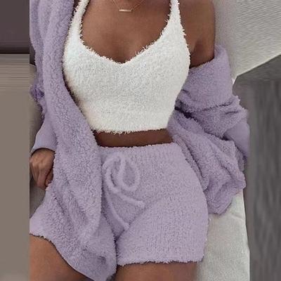 Warm Fuzzy Pajama Set 3PCS Long Sleeve Hooded Robe Tank Top Drawstring Shorts Women's Sleepwear Loungewear