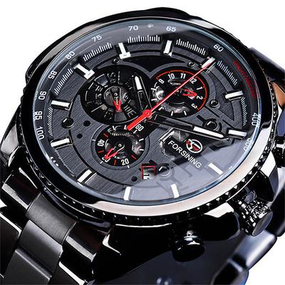 Forsining Men Mechanical Watch Top Brand Luxury Military Sport Wristwatch Three Dials Calendar Luminous Automatic Self-winding Waterproof Mechanical Stainless Steel Watch Male Clock