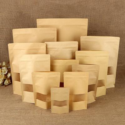 100pcs/lot Kraft Paper Bag Self Sealing Stand Up Bags With Transparent Window For Dried Food/Snack/Fruit/Tea/Gift Packaging