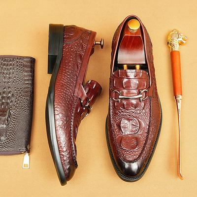 Men's Genuine Leather Crocodile Pattern Loafers with Metal Bit – Luxury Slip-On Dress Shoes for Business, Weddings Formal Occasions