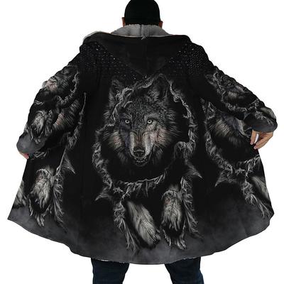 Men's Winter Coat Fleece Jacket Coat Sports Outdoor Daily Wear Warm Breathable Zipper Pocket Fall Winter Animal Wolf Fashion Streetwear Hoodie Long Regular Fit Black Blue Gray Light Blue Jacket