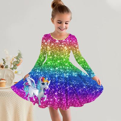 Girls' 3D Rainbow Unicorn Dress Long Sleeve 3D Print Fall Winter Vacation Sports Outdoor Daily Cute Casual Beautiful Kids 3-12 Years Casual Dress A Line Dress Above Knee Regular Fit