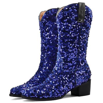 Women's Boots Cowboy Boots Metallic Boots Glitter Crystal Sequined Jeweled Outdoor Work Daily Mid Calf Boots Winter Sequin Block Heel Chunky Heel Pointed Toe Elegant Fashion Classic PU Black Pink Blue