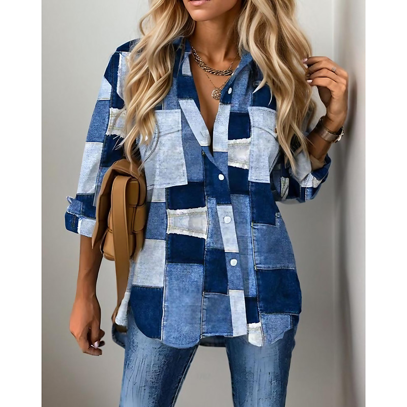 Women's Shirt Long Sleeve Button Down Blouse 3D Print Basic Color Block Buttons Print Regular Tops Shirt Collar Casual Blue Spring Fall
