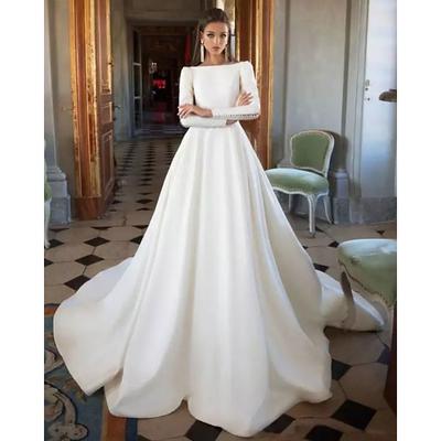 TS Beach Wedding Formal Wedding Dresses Ball Gown Scoop Neck Long Sleeve Court Train Satin Bridal Gowns With Buttons Pleats 2025