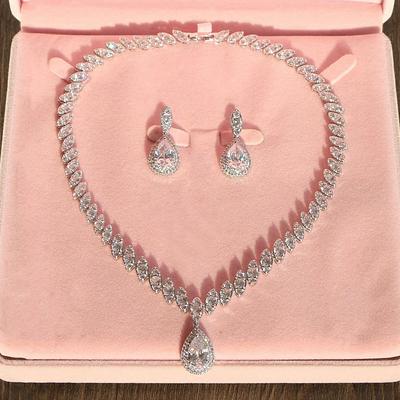 Bridal Jewelry Sets 1 set Cubic Zirconia Copper Imitation Diamond 1 Necklace Earrings Women's Elegant Luxury Tennis Chain Drop Diamond Water Drop Jewelry Set For Anniversary Wedding Guest Birthday