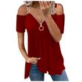 Women's Tunic T shirt Tee BurgundyTee Plain Casual Weekend Cold Shoulder Quarter Zip Cold Shoulder Black Short Sleeve Basic Off Shoulder Half Zip