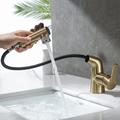 Pull Out Bathroom Sink Mixer Faucet, 360 swivel Pull Down Sprayer Basin Tap Brass, 2 Water Flow Modes with Rotating Spout, Single Handle Washroom Water Tap with Cold Hot Hose