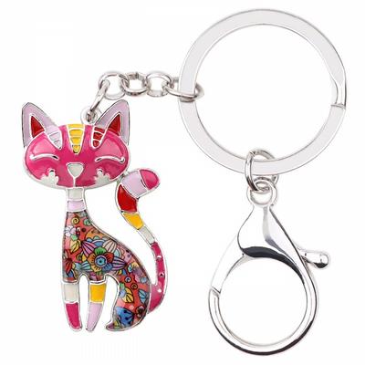 Enamel Alloy Floral Elegant Kitten Cat Keychains Key Ring Animal Pets Jewelry Gift for Women Girls Purse Handbag Charms Accessories